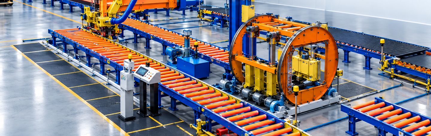 Linha industrial com transportadores de rolos, manipulador e tombador rotativo